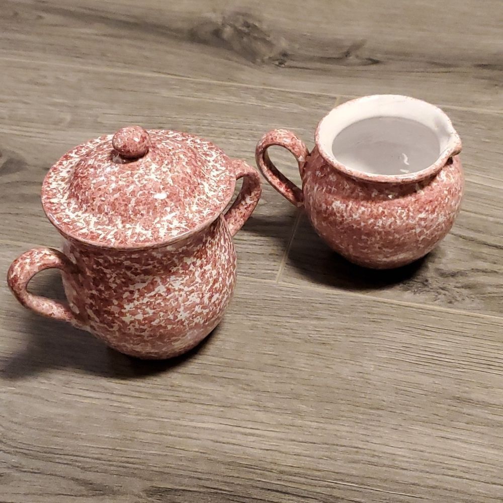 RARE Pink & White Vintage Clay Sugar & Creamer Set